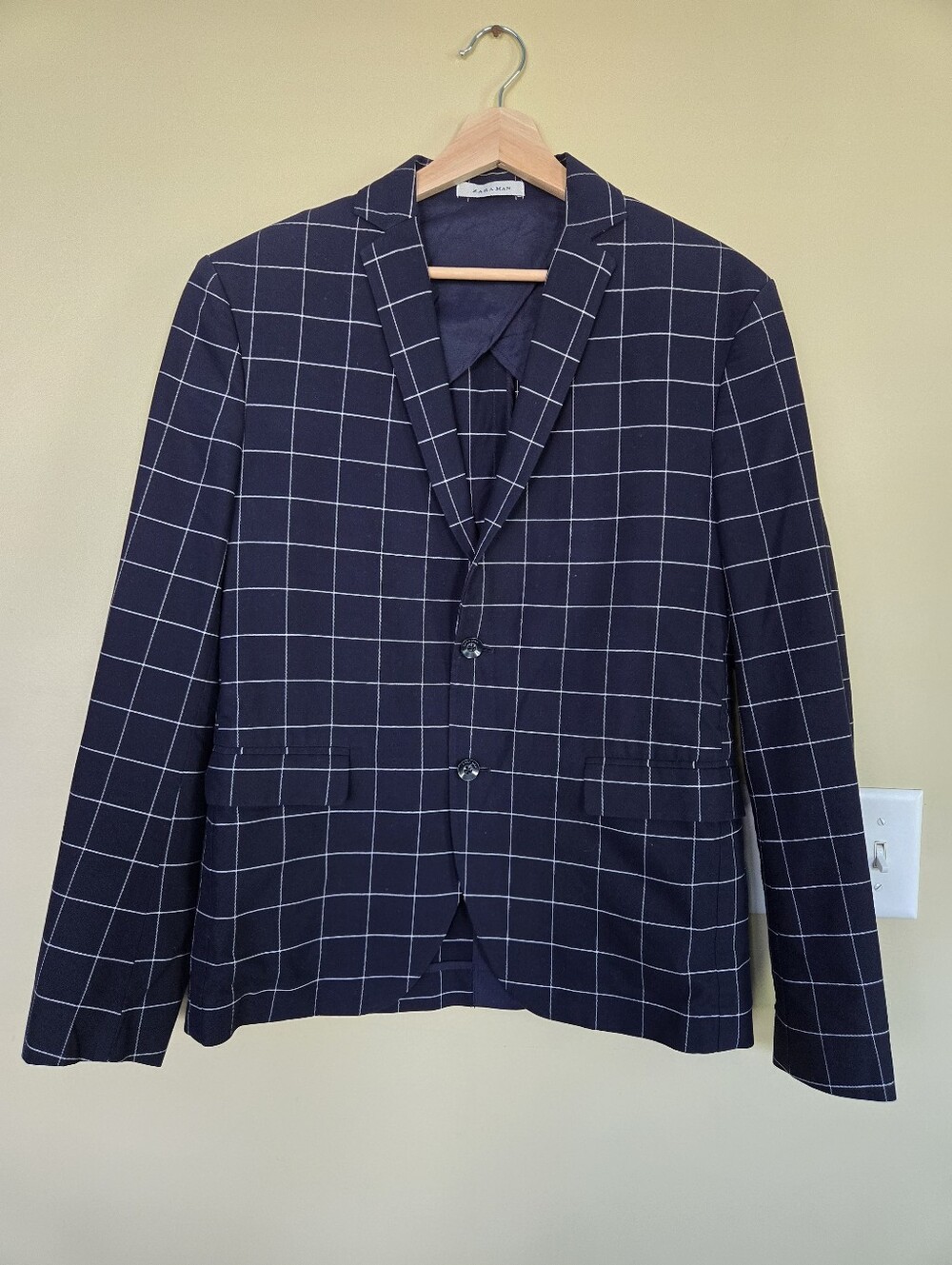 Zara Navy Windowpane Two-Button Blazer